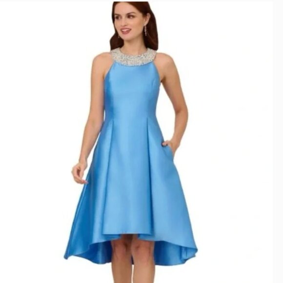 NWOT  Adrianna Papell Beaded-Neck Mikado Dress Cool Cloud - Picture 3 of 11